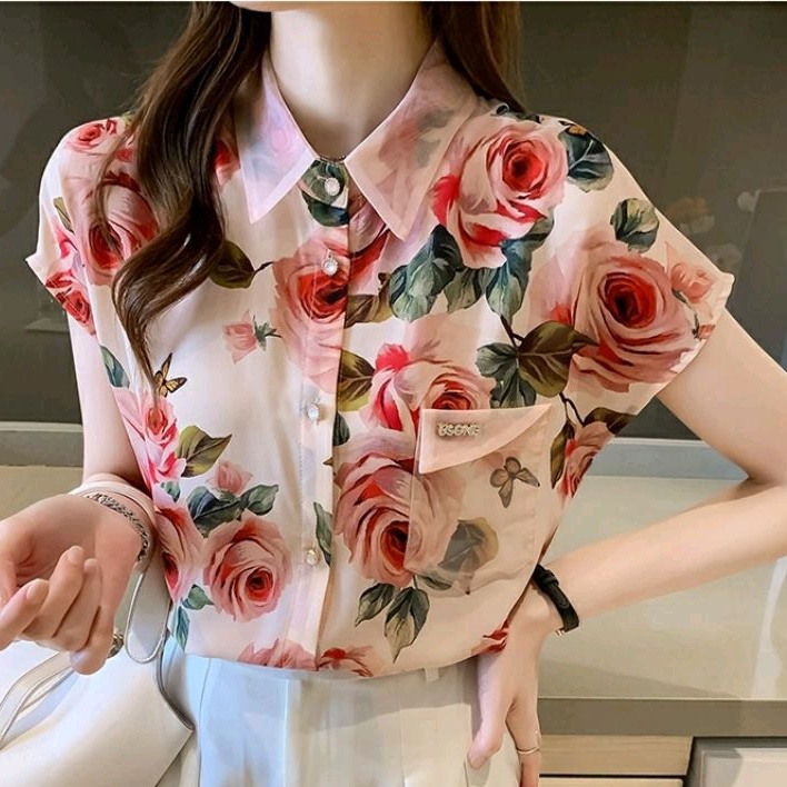 2172 Baju atasan kemeja FLORAL SHIRT lengan pendek motif bunga flower pink ala Korea Korean style wa