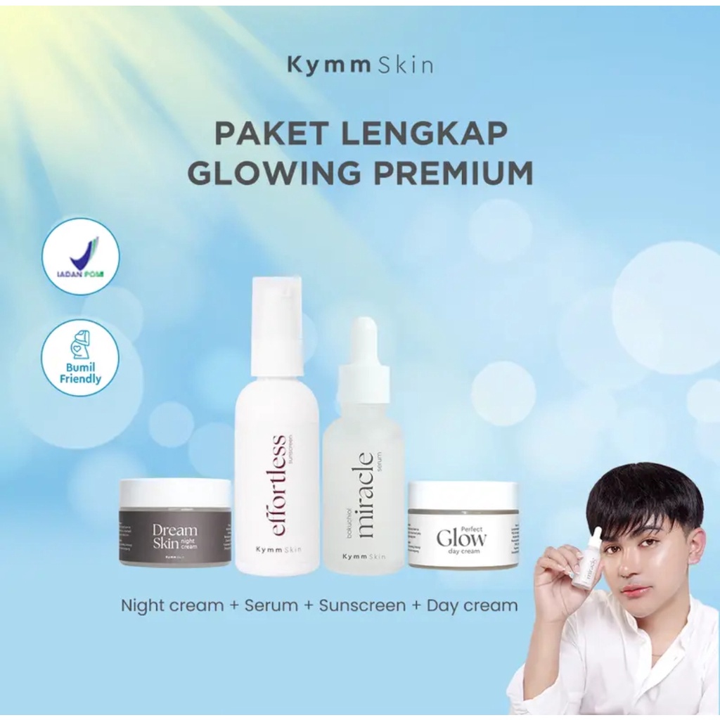 READY! PAKET LENGKAP GLOWING KYMM SKIN PAKET SKINCARE GLOWING BY HAKIM KYMM SKIN DAY CREAM NIGHT CREAM SUNSCREEN BAKUCHIOL MIRACLE SERUM EFFORTLESS SUNSCREEN BY KYMMSKIN