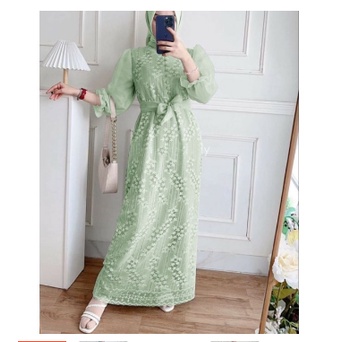 [Promo COD] Dress Baju Natal Brukat Tile Remaja Dewasa Seragam Pesta Dress Pesta Hijab Warna sage gr