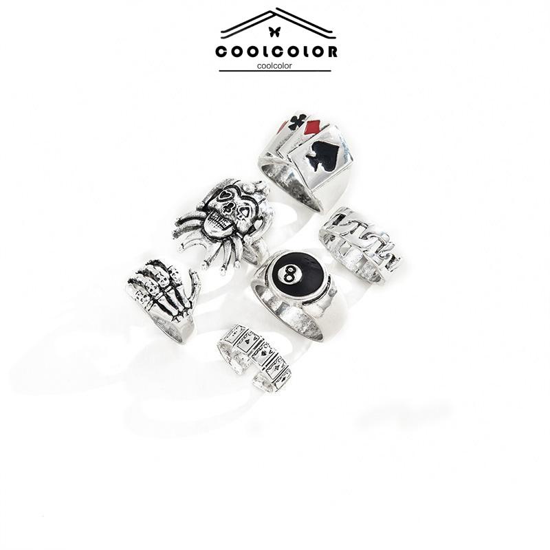 COD❤️6PCS/Set Cincin Unisex  Punk Membesar-besarkan  Badut Poker Cakar Hantu Tengkorak  Perhiasan Bulat Nomor 8- cl