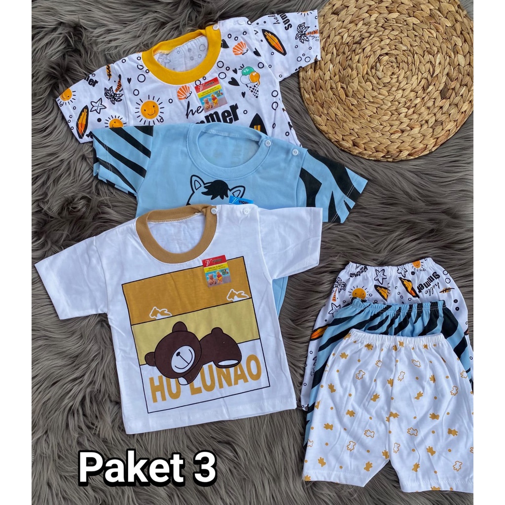 PAKETAN HEMAT (3) (random) stelan baju bayi lucu murah PENDEK 3-18 BULAN 3 pcs