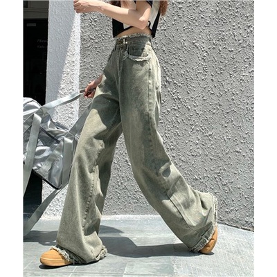 ■☼Suhao green raw edge retro jeans wanita musim gugur high waist loose all-match straight wide-leg pants mopping pants trendy