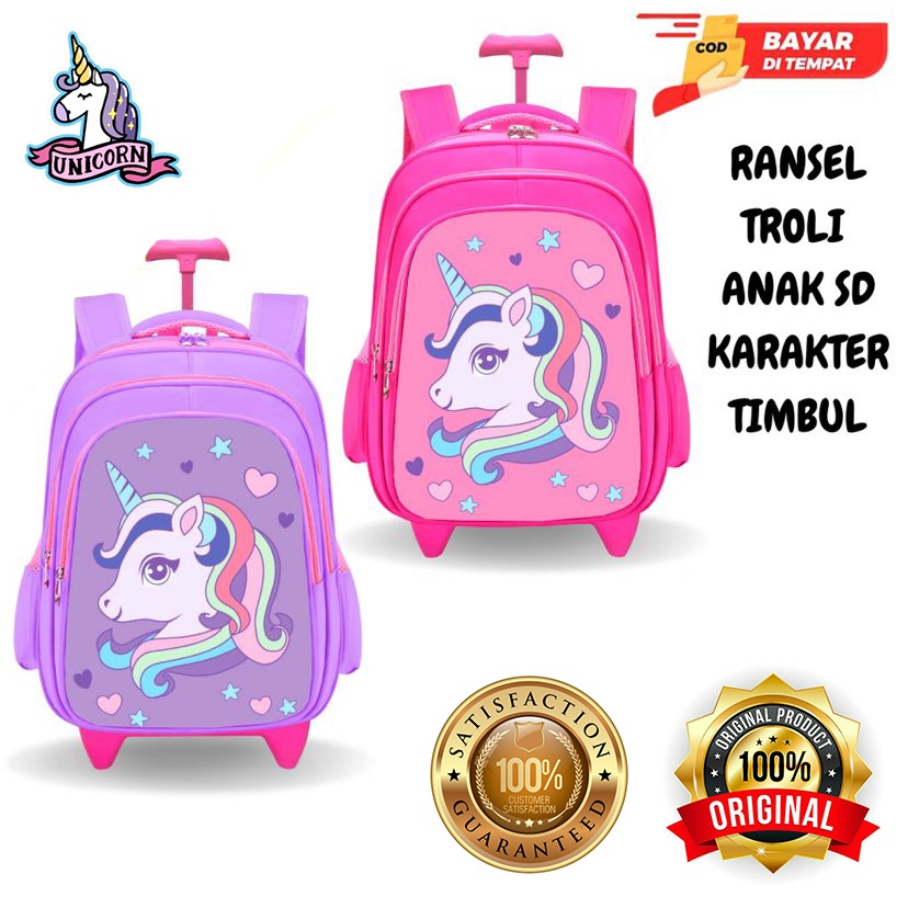 Tas Ransel Troli Anak Perempuan SD Karakter Unicorn Tas Sekolah Import Ransel Troly 3D Emboss Tas Anak Cewe SD Timbul