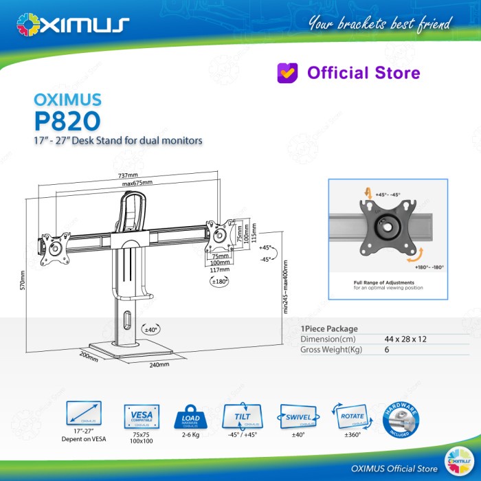 Bracket Desk Stand Meja Dual Monitor Naik Turun 17&quot; - 27&quot; Oximus P820