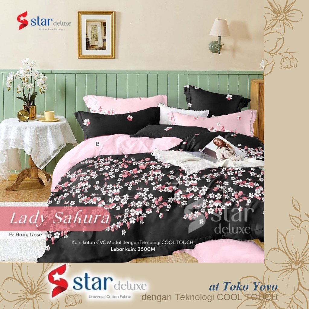 Sprei Katun Halus Star Lady Sakura Bunga Hitam Navy Black Pink Seprei