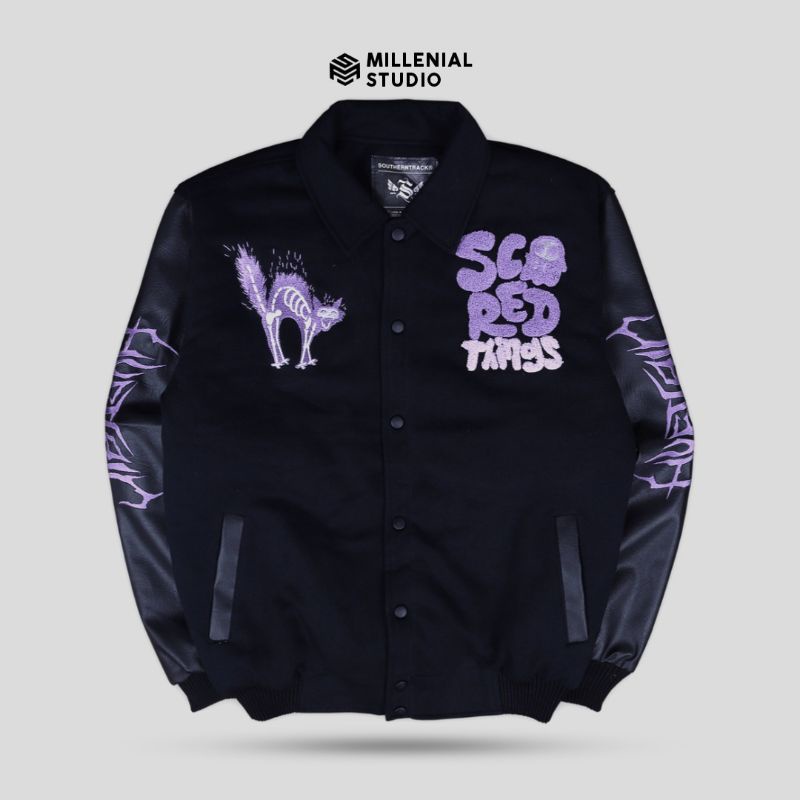VARSITY SCARED THINGS BLACK PURPLE | VARSITY JACKET BORDIR ORIGINAL SOUTHERNTRACK | MILLENIAL STUDIO
