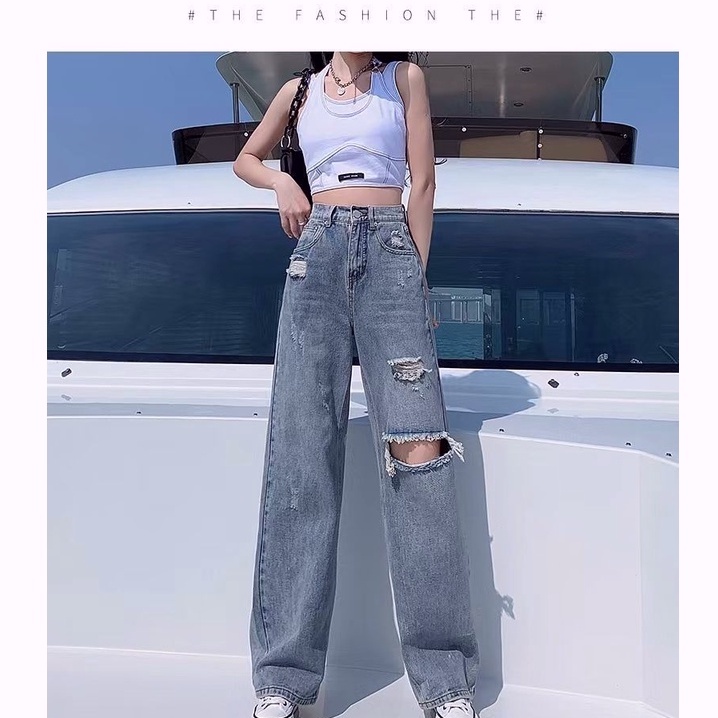 celana jeans sobek wanita kekinian highwaist kulot jeans ripped loose celana panjang jeans denim import korean style ootd