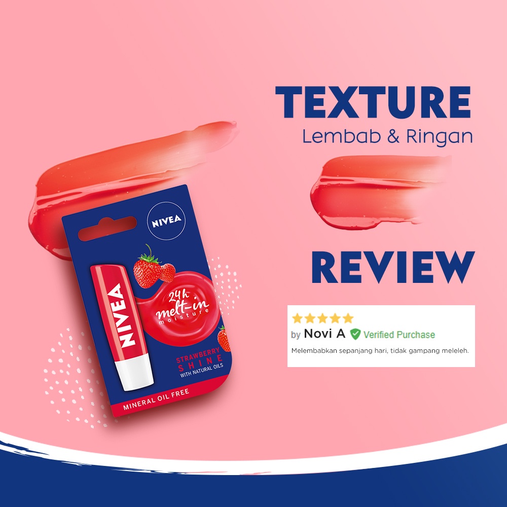 NIVEA LIP CARE STRAWBERRY SHINE [ 4.8 G ] LIP BALM BEAUTY STICK STRAW FRUITY PELEMBAB BIBIR PENCERAH BIBIR GLOSSY KANDUNGAN JOJOBA DAN AVOCADO BERKILAU PRAKTIS &amp; HIGIENIS