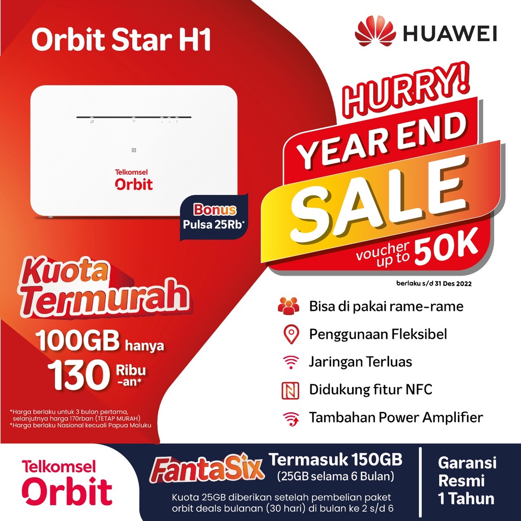 TELKOMSEL Orbit Star H1 BONUS DATA Kuota 150GB Huawei B311 Modem Router Wifi Resmi