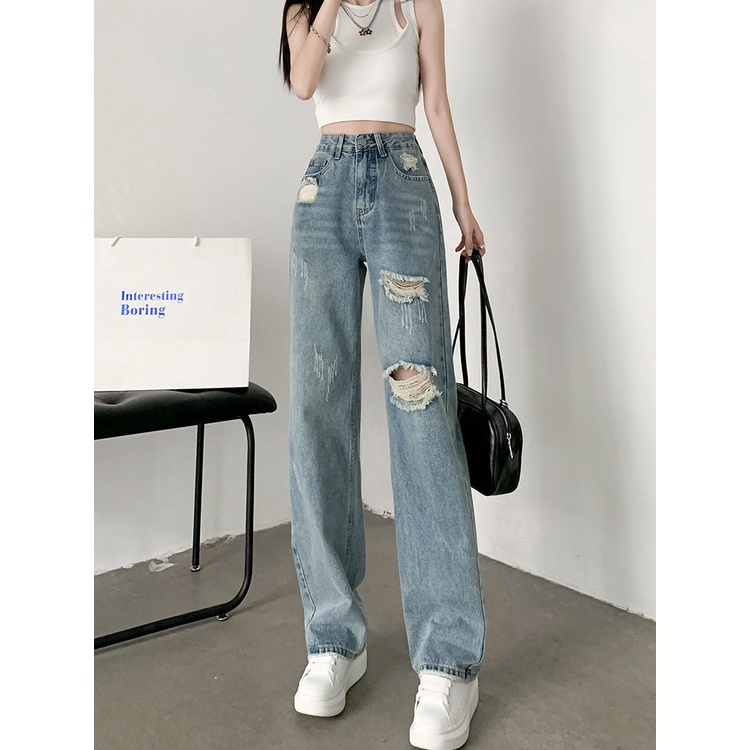 Highwaist Kulot Jeans Wanita Loose celana kulot jeans sobek dewasa celana panjang jeans ripped denim ootd