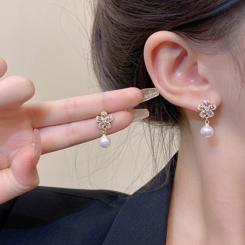 925jarum Perak Baru Mode Merah Muda Zirkon Bunga Anting Perempuan Anting Mutiara Super Imut