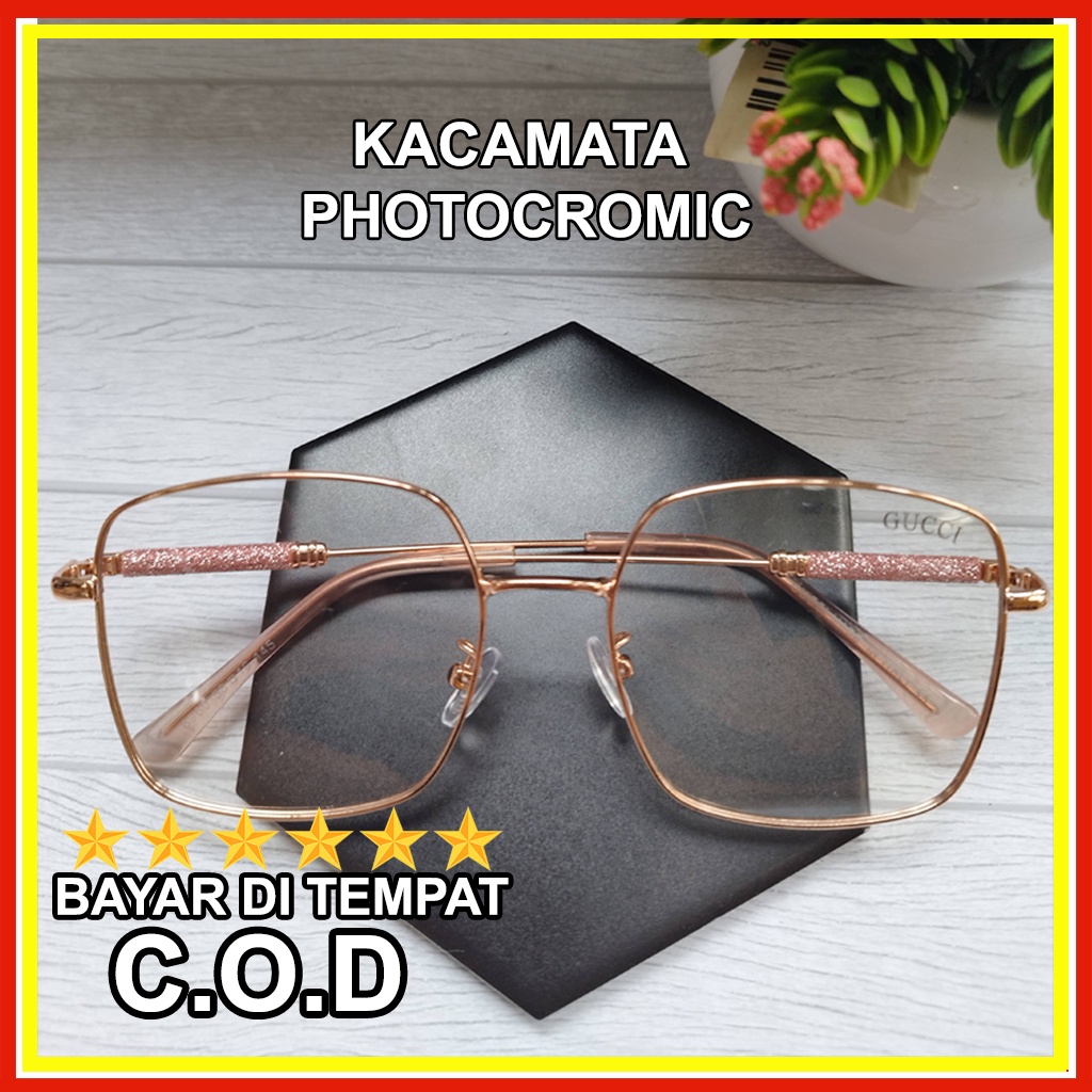 Kacamata Trendy Lensa Normal Photocromic Wanita Bahan Stainless Steel Berkualitas