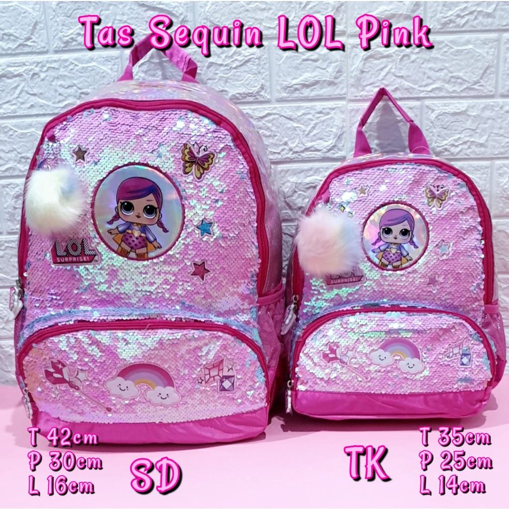 Tas Sekolah Ransel Anak TK dan SD Motif Sequin Pink LOL dan Unicorn Backpack Anak Perempuan