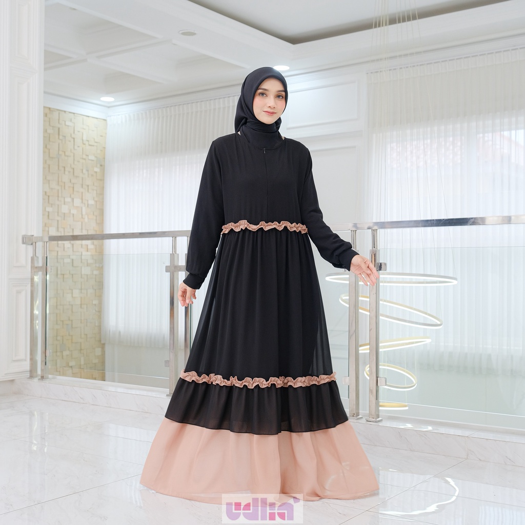 Udlia Gamis Pesta Lebaran Cerutty Nastya Hitam Kombinasi Krem  S M L XL