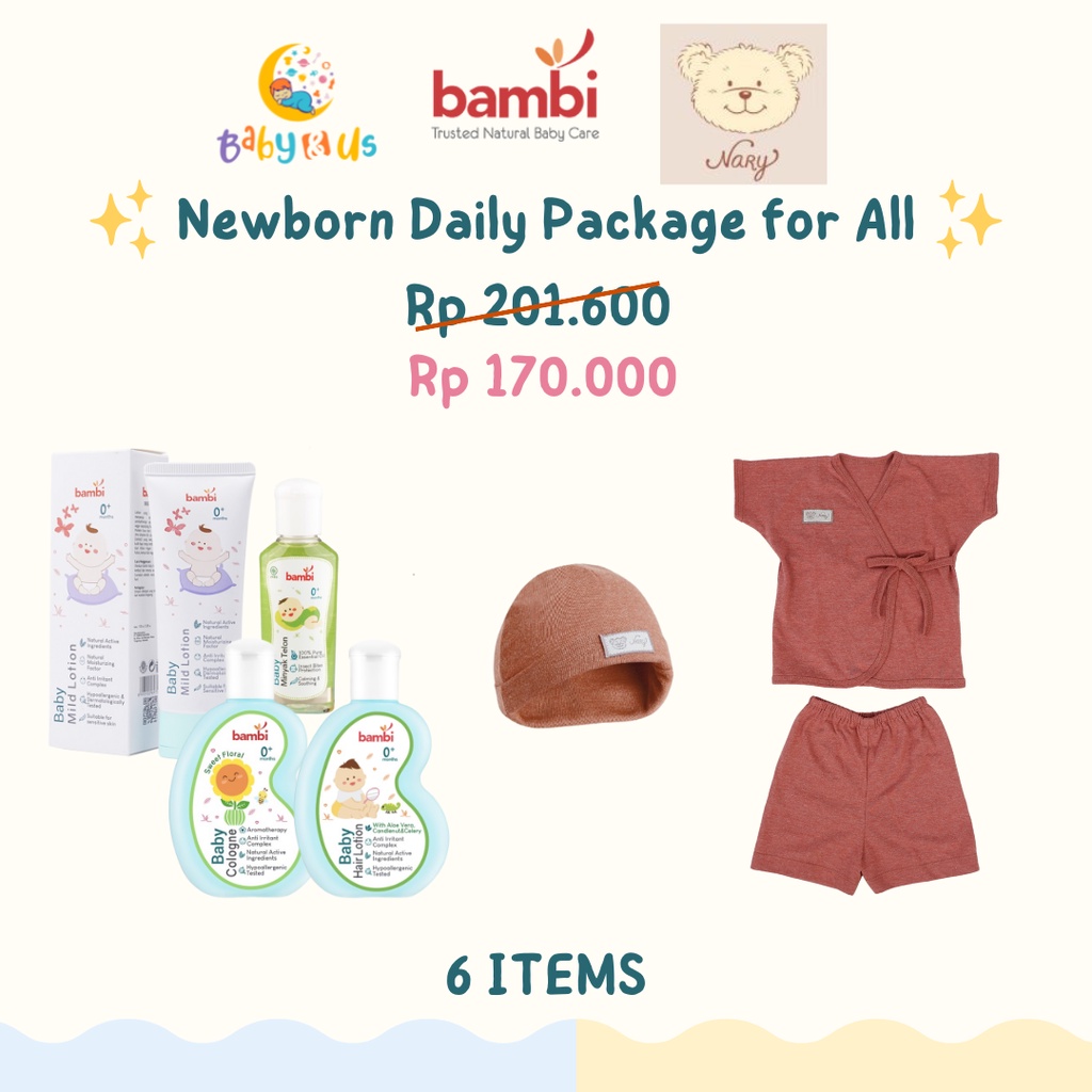 Paket Bundling Newborn Daily for Boys &amp; Girls II (Unisex) - Nary Kimono and Beanie Hat / Bambi Lotio