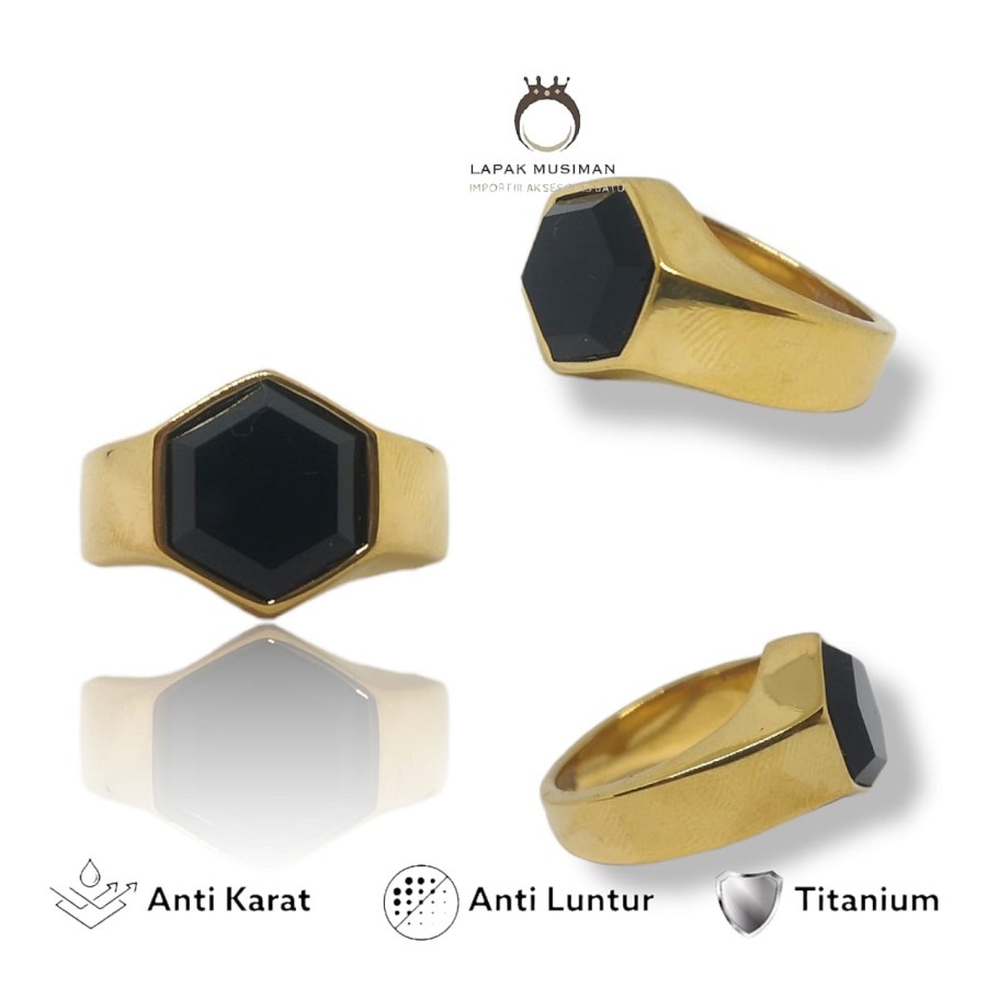 [Bayar Di Tempat] Cincin Pria Titanium Silver Gold Anti Karat Onyx Hitam Model Hexagon