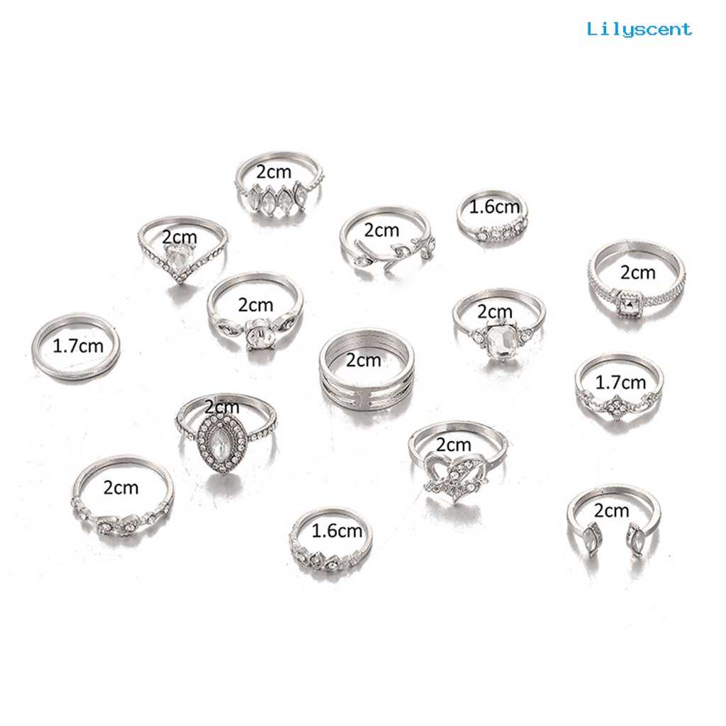 [LS] 15pcs/set Cincin Fashion Kerajinan Tangan Geometris Hati Kristal Imitasi Perhiasan Ring Untuk Pesta