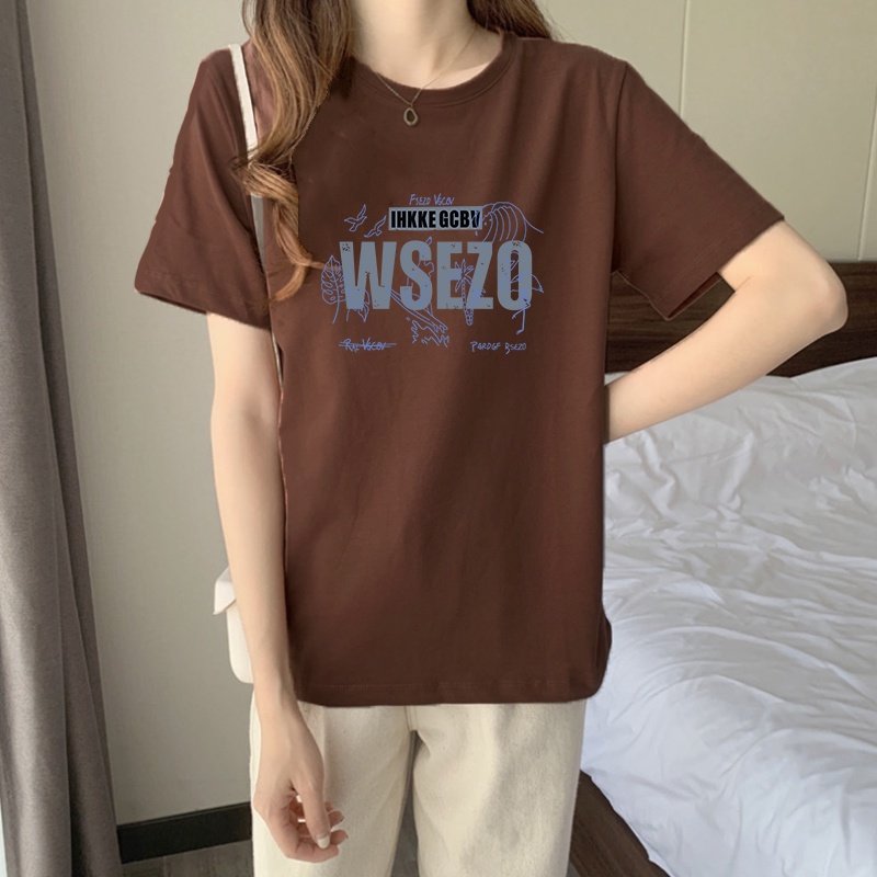 Blue Letter Kaos Lengan Pendek Cream Atasan Wanita Oversize Printed T-shirt Kekinian Korean Style/kaos wanita jumbo