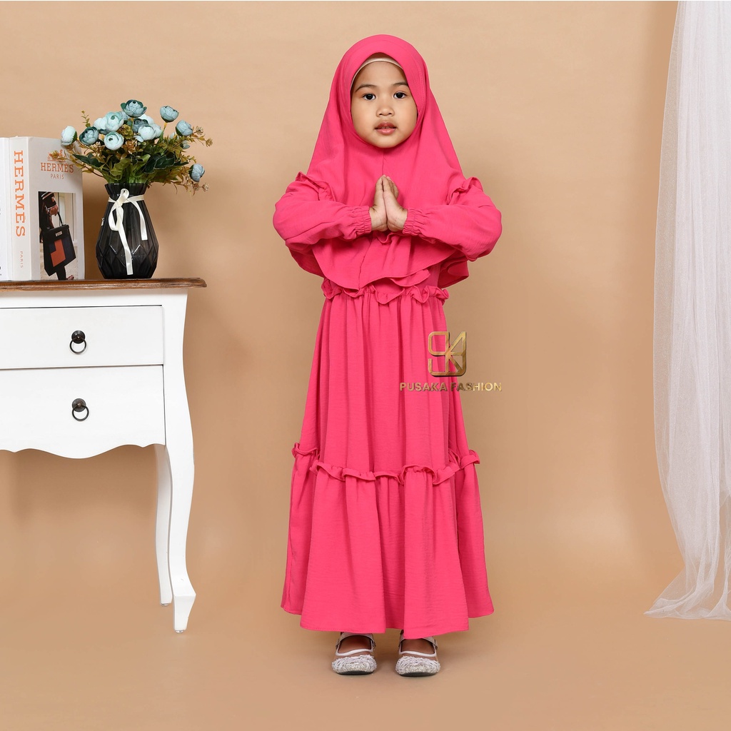 JIIRA baju gamis syari anak perempuan cringkle fashion muslim terbaru  FREE hijab khimar modern dres stelan kerudung serut susun 4 - 9 tahun manasik mengaji maulid nabi warna putih tulang hitam bata lilac lemon pink fuchia moca sagr green olive kekinian