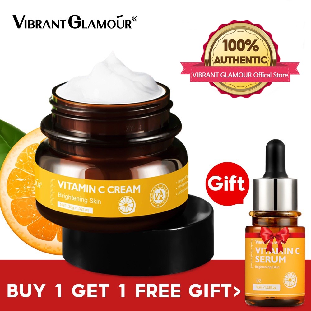 VIBRANT GLAMOUR Vitamin C Face Cream dan Serum Set Untuk Pelembab Wajah Pemutih Mencerahkan Mengurangi Flek Hitam Perawatan Kulit