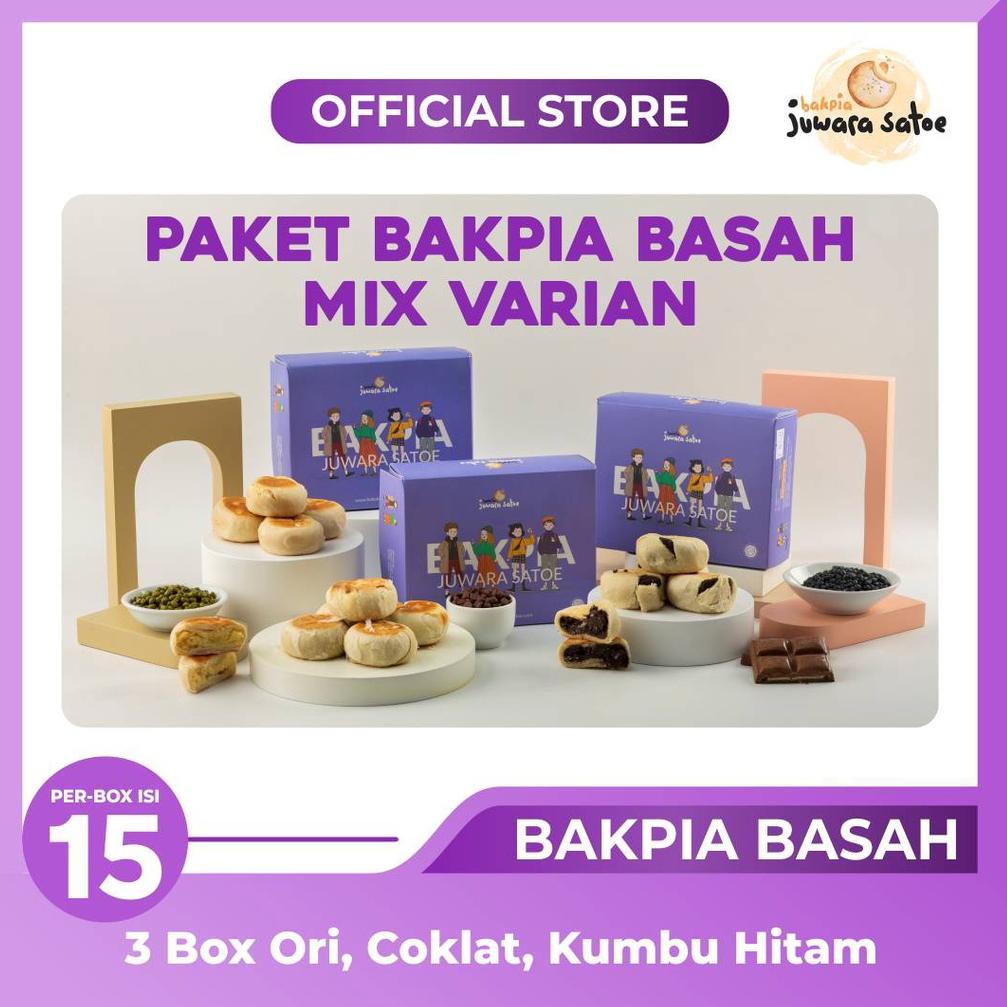 

Star 3.3 [ 3 BOX ] PAKET BAKPIA BASAH MIX Kacang Hijau, Kumbu Hitam dan Coklat - JUWARA SATOE