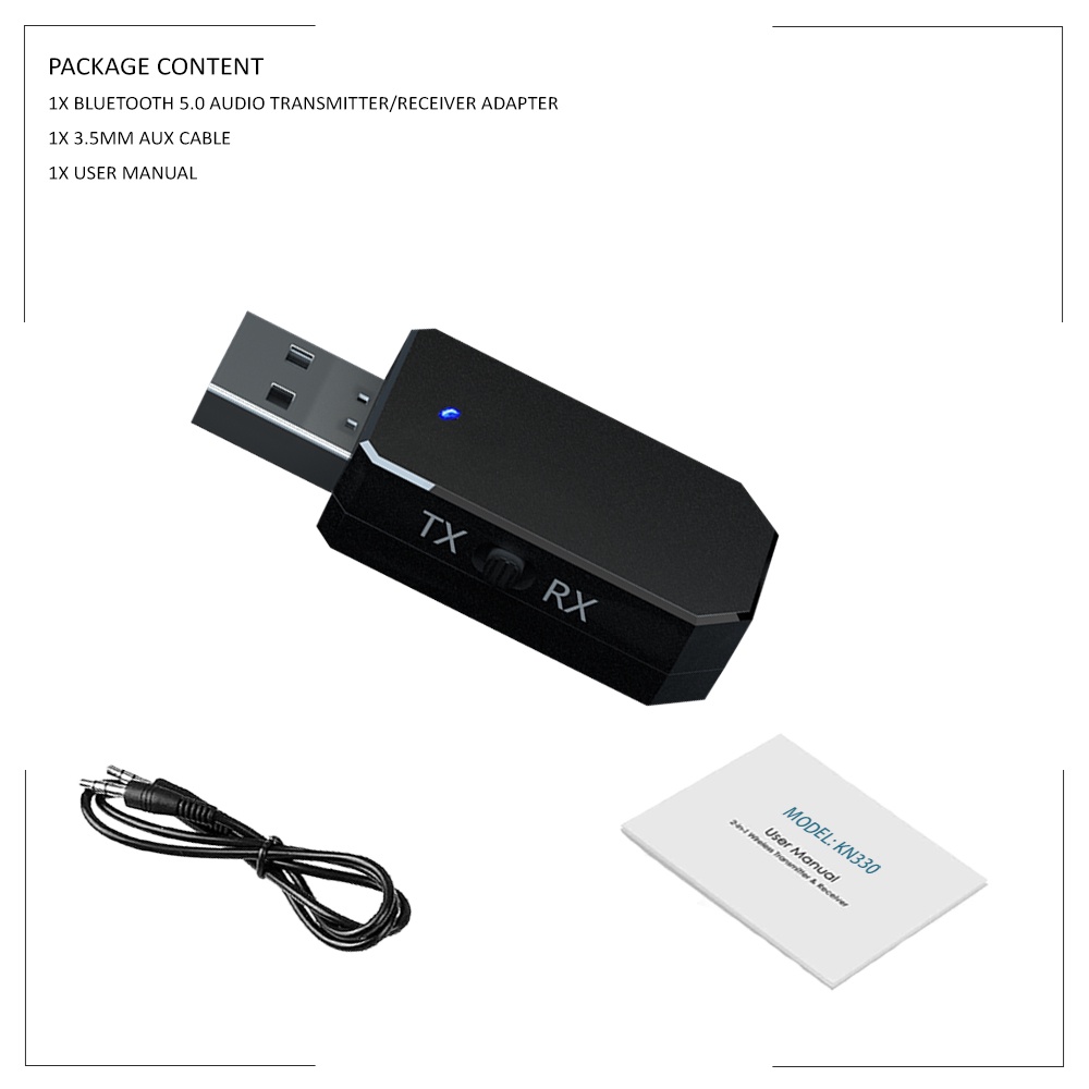 ESSAGER USB Dongle Bluetooth 5.0 Transmitter Receiver Audio Adapter - KN330 - Black