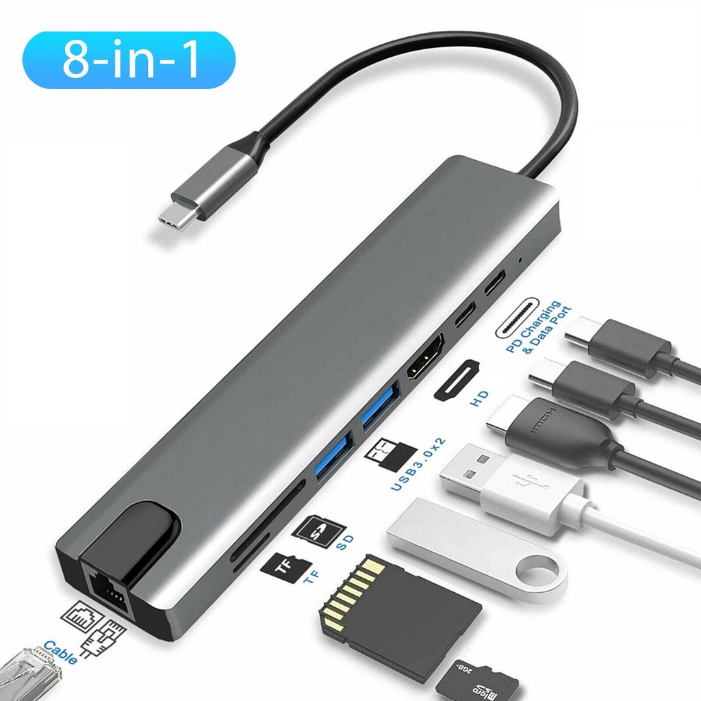 USB Type C OTG 8 in 1 Adapter HDMI RJ45 PD Card Reader USB 4K