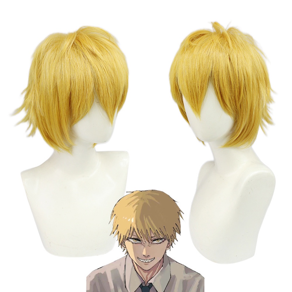 1pcs Chainsaw Man Gold Pendek Cosplay Rambut Wig Aksesoris Karakter Animasi Jepang