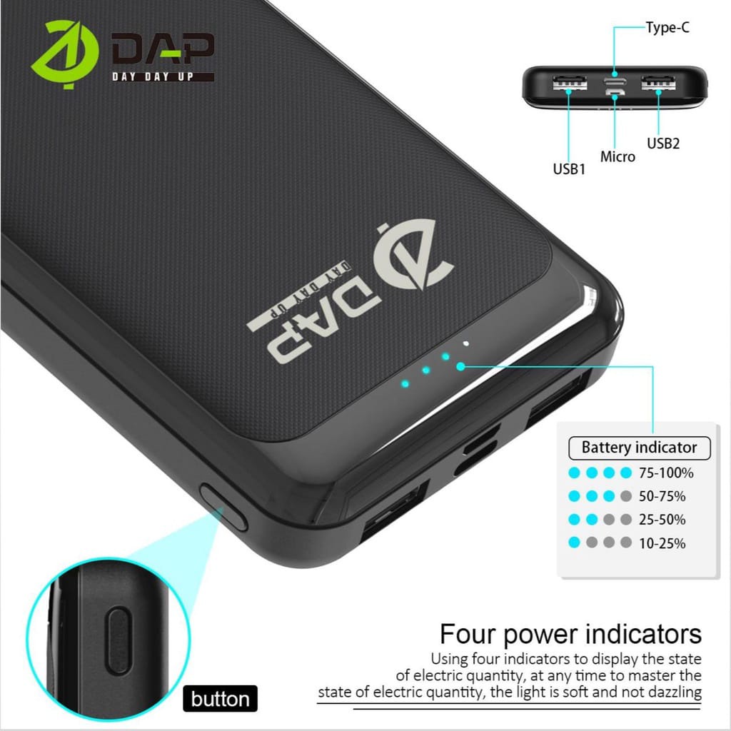 DAP Power Bank  D-P111 PowerBank 10.000 maH Dual Input Output Type C &amp; Micro USB DAP