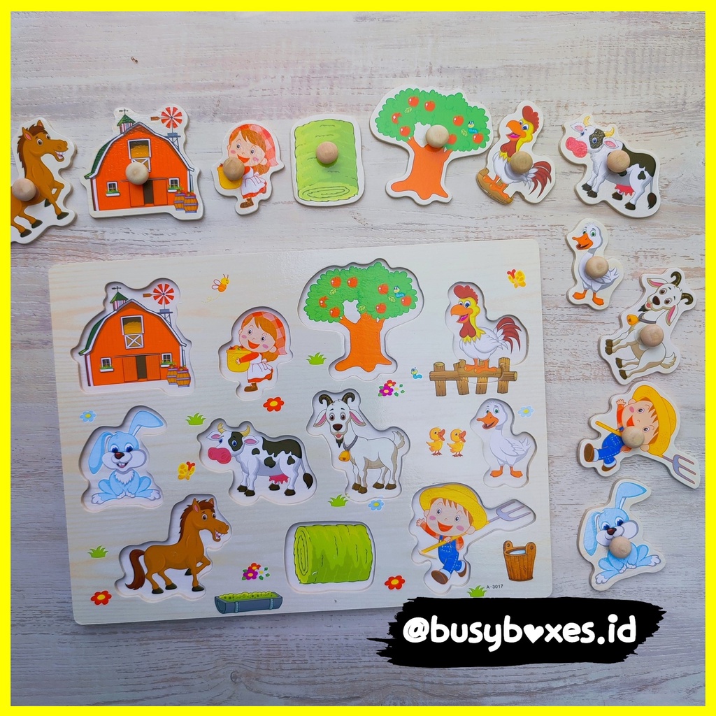 Busyboxes.id Mainan anak puzzle edukasi anak 1 2 3 tahun laki laki perempuan mainan edukasi Montessori puzzle jigsaw 3d kayu hewan binatang  peternakan  animals farm seri -  kambing