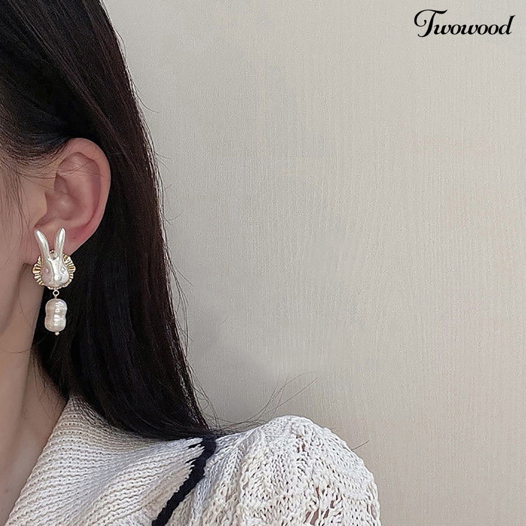 Twowood 1pasang Ladies Earrings Trendy Good-looking Elegan Pakaian Sehari-Hari Alloy Rabbit Faux Pearl Drop Earrings Aksesoris Pesta