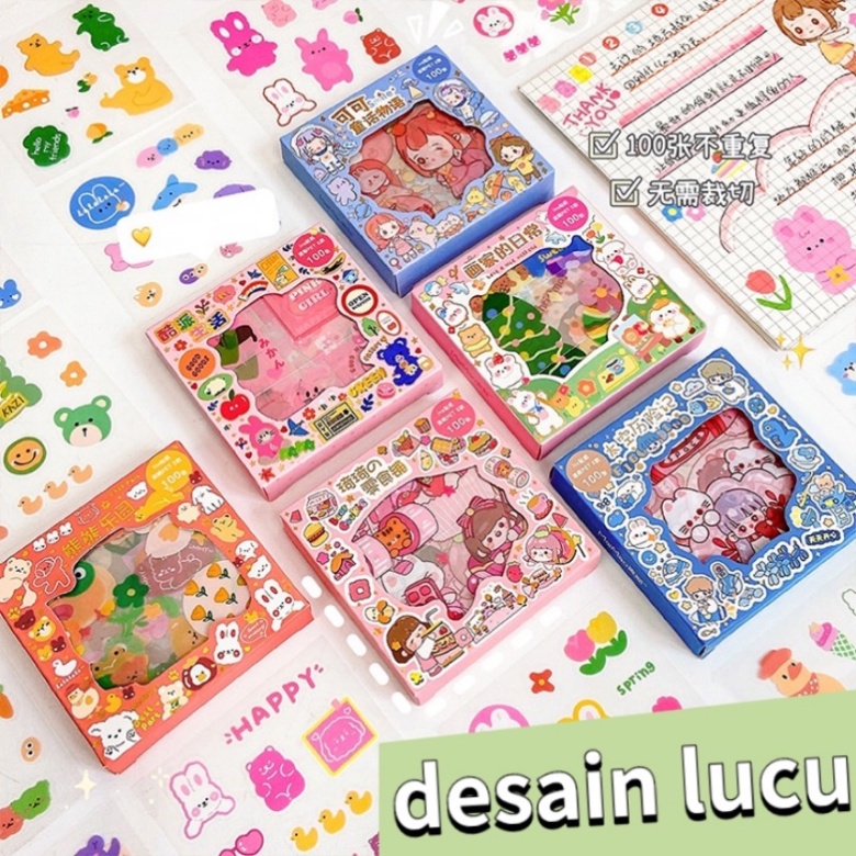 【ready】100 Lembar Stiker Waterproof Sticker Tumblr Lucu Kartun Korea Dekorasi Hiasan Scrapbook DIY