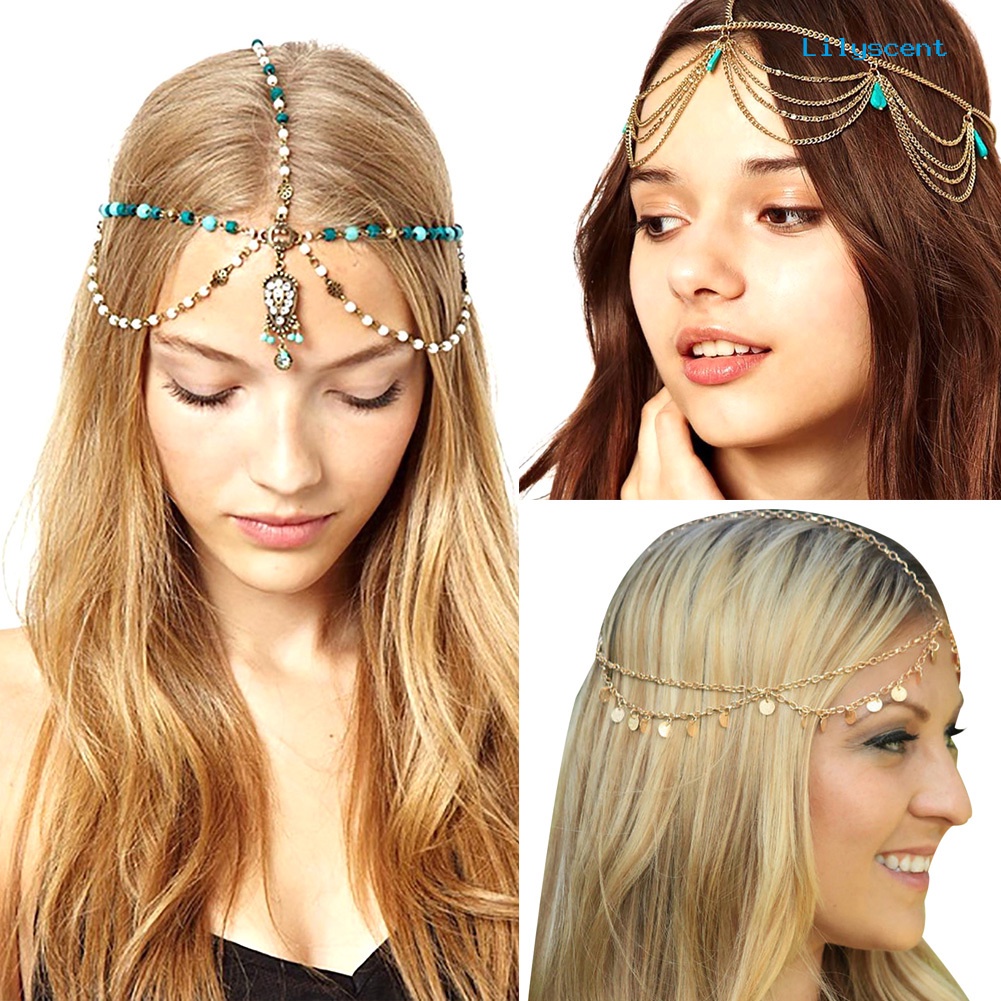 [LS] Manik-manik Boho India Salib Manik-Manik Boho Liontin Pengantin Kepala Rantai Headdress Headpiece Perhiasan