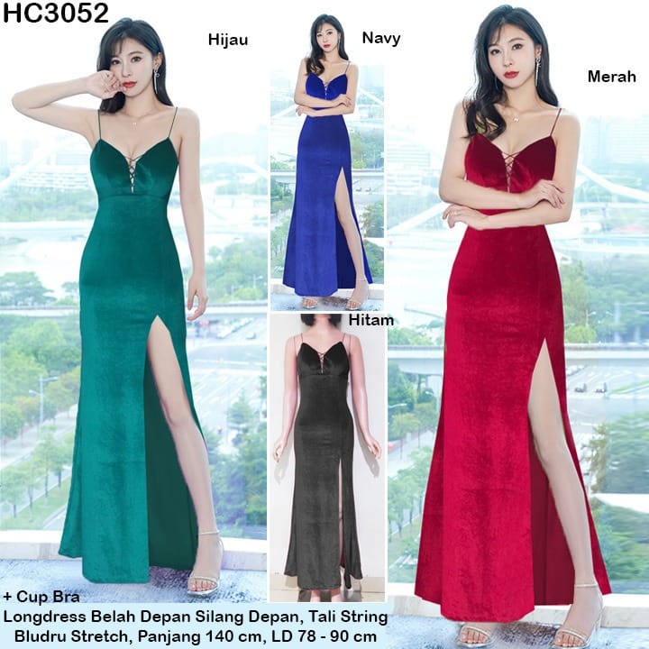 HC3052 Longdress Bludru TalI String Belah Depan + Cup Bra Beludru Stretch Premium / Gaun Panjang Seksi / Longdress Sexy / Long Dress Polos / Longdress One Shoulder / Dress Panjang / Long Dress Beludru / Longdress Bludru / Longdres Velvet