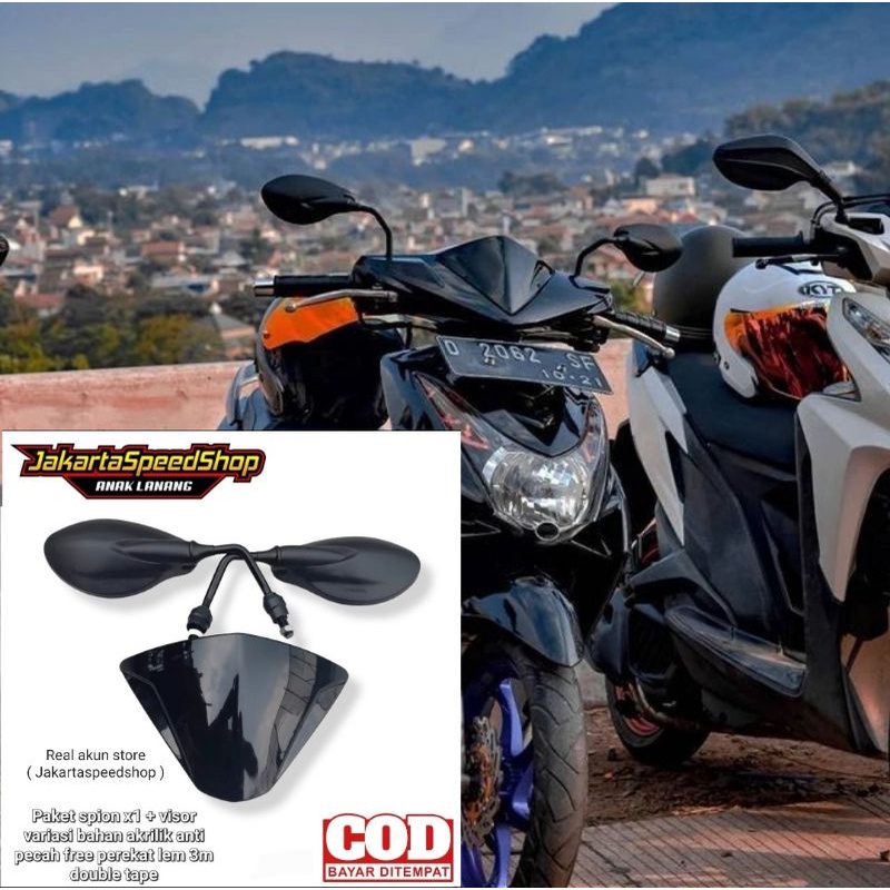 Paket kaca spion x1 plus visor variasi pnp yamaha soul karbu lama bahan tebal anti pecah free lem 3m double tape