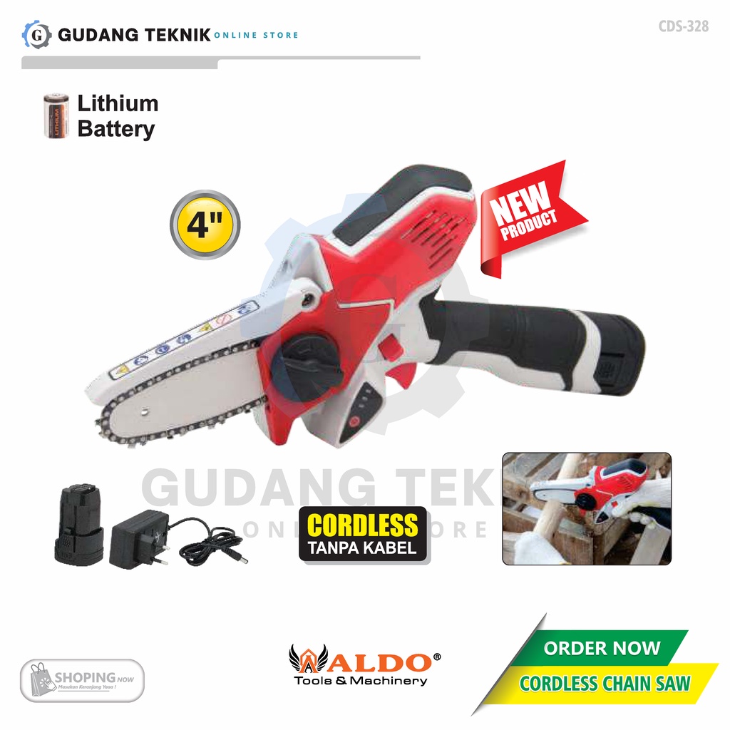 Chainsaw CORDLESS 4&quot; ALDO CDS-328 / Mesin Gergaji Kayu Pohon BATERAI BATERY Bar Rantai 24V ALDO CDS 328 - Chainsaw Cordless ALDO CDS328