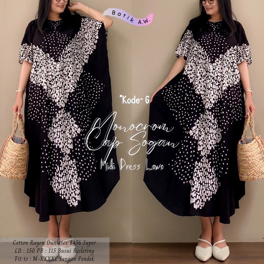 Daster Kekinian - Monocrom Dress Midi Lowo Batik Cap Sogan Malaman Wanita Jumbo Busui Resleting by Batik A W Rayon Super Premium