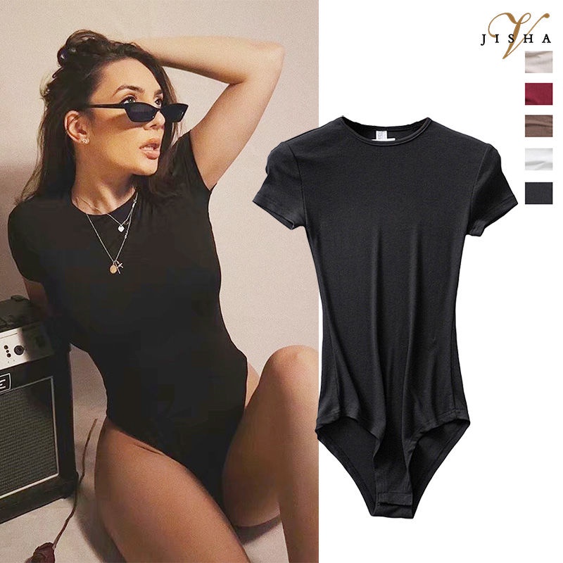 ▪♗Suhao 2022 Musim Semi Baru Eropa dan Amerika Lengan Pendek Ketat Bottoming Jumpsuit Feminin Slim Warna Solid One-Piece t-shirt Wanita