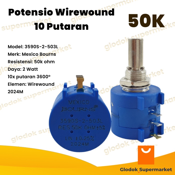 Potensio Wirewound 10 Putaran 50k Bourns Multiturn Presisi