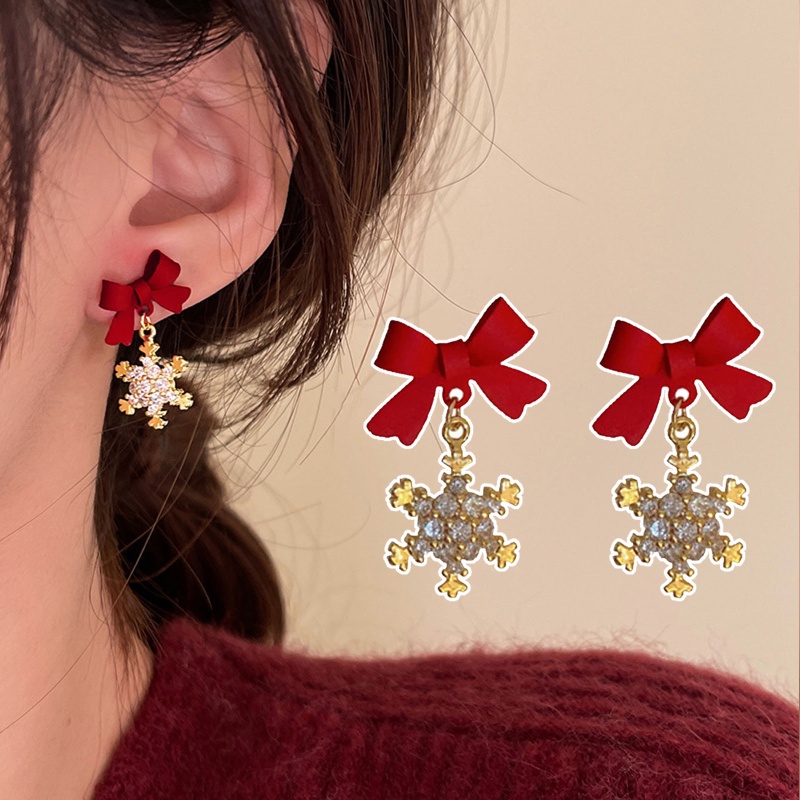 [Harga Grosir] 1pasang Shiny Zircon Pendant Earring Sweet Ladies Aksesoris Halus Perhiasan Telinga Natal Busur Snowflake Stud Earrings Untuk Pesta Pacaran Makan Malam