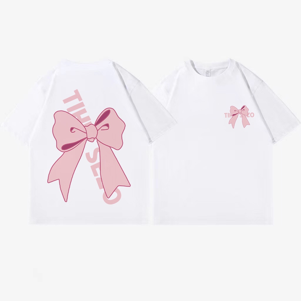 [100%  Katun]Kaos Pink Bow Oversize Kekinian Lengan Pendek Korean Style Printed T-shirt Baju Wanita Hitam