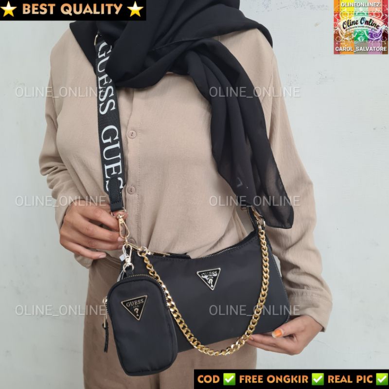 (WODB) tas NEO nylon crossbody with small pouch rantai gold chain logo straps khakis black gs cream gb shoulder bag jinjing hand carry