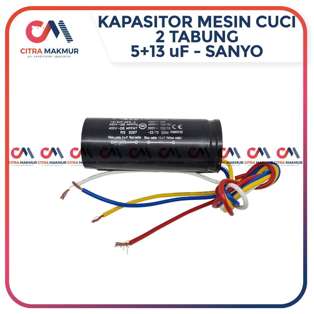 Kapasitor Mesin Cuci 2 tabung 5 uF dan 13 uF Capasitor 4 kabel 5+14 Sanyo Aqua