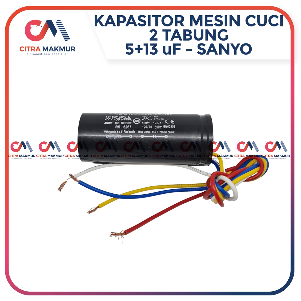 Kapasitor Mesin Cuci 2 tabung 5 uF dan 13 uF Capasitor 4 kabel 5+14 Sanyo Aqua