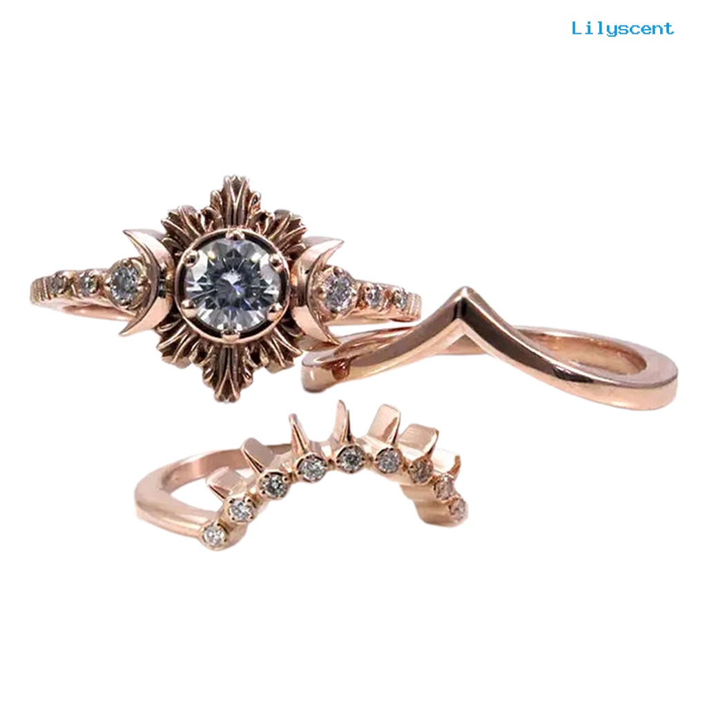 [LS]3Pcs Wanita Cincin Bulan Matahari Stackable Perhiasan Bohemian Tahan Lama Jari Cincin Untuk Pacaran