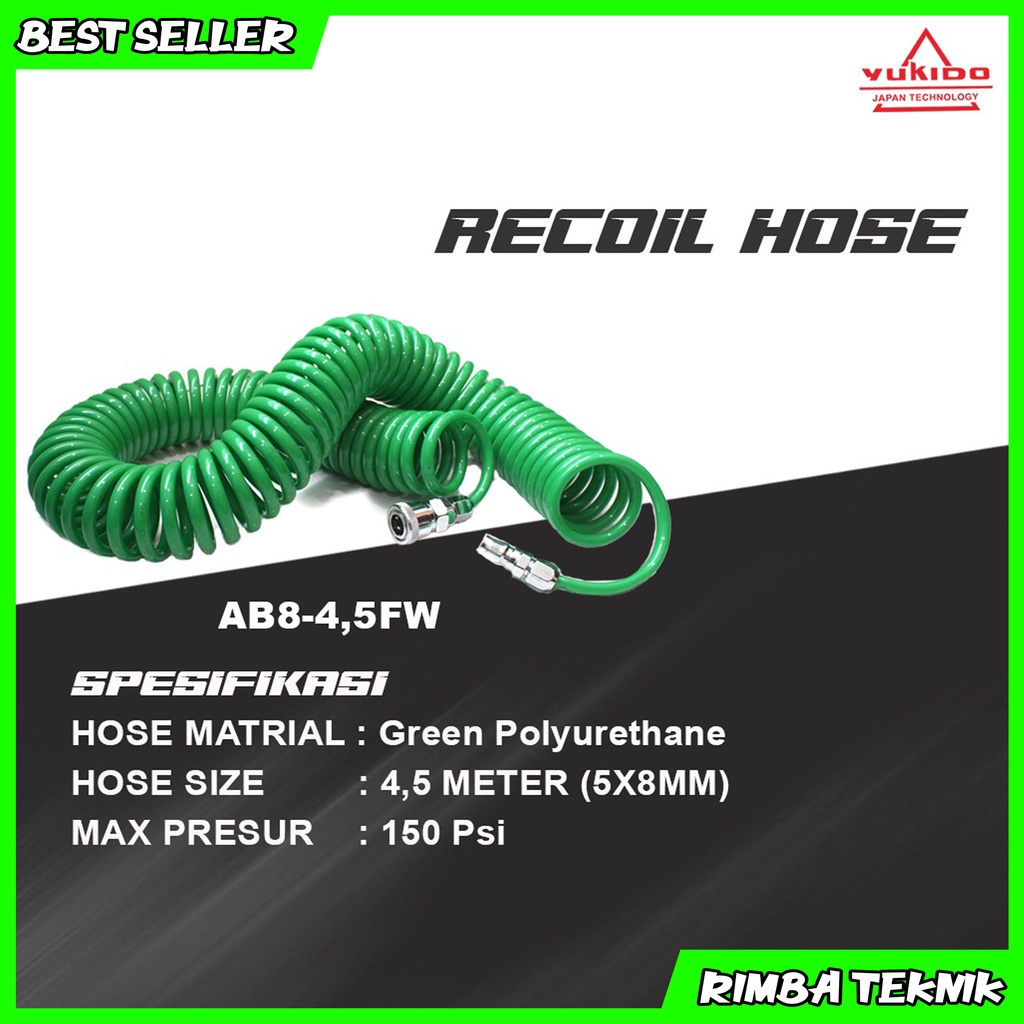 Recoil Hose Selang Angin Kompresor Spiral 4,5m Hijau YUKIDO Japan Technology Selang PU