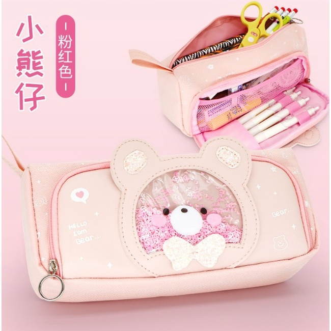 

kotak pensil tempat pensil anak alat sekolah beruang lucu pink glitter