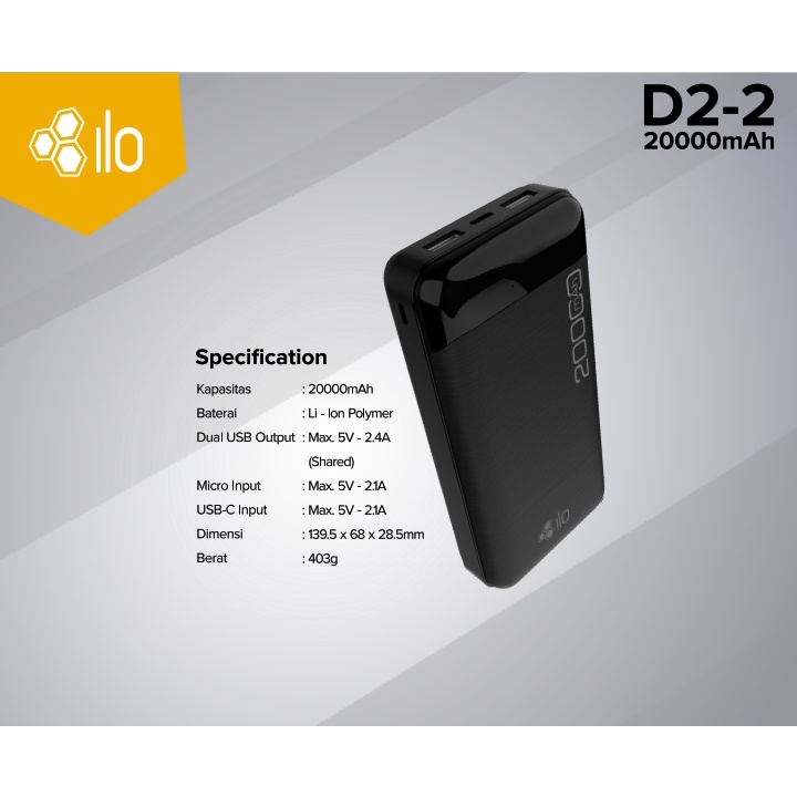 Powerbank ILO D2 20000mAh Smart Detect Charging - Multi Protection - Flight Friendly