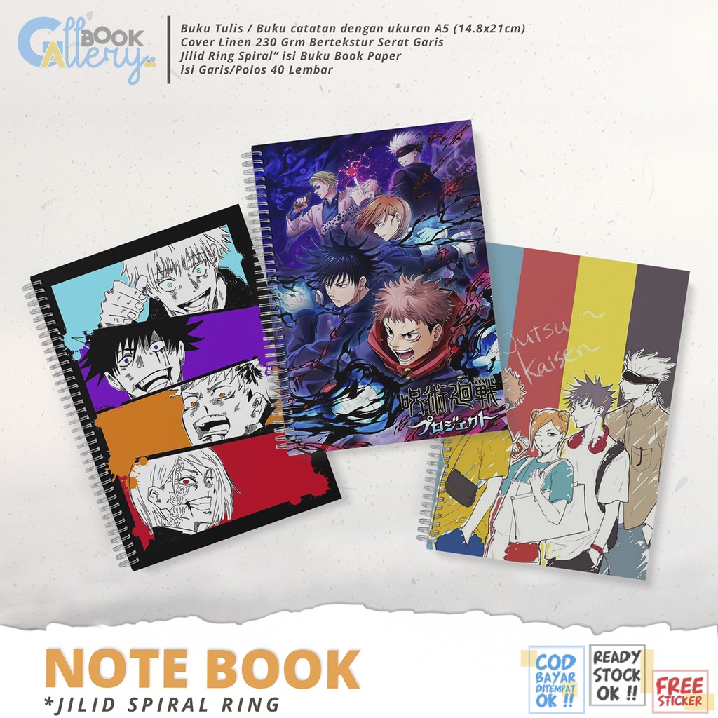 

[SP] Buku Tulis / Buku Catatan / Note book Anime Jujutsu Kaisen Jilid Ring Spiral Dengan isi Book Paper Garis/Polos 50 Lembar Free Poster dan Stiker Ukuran A5