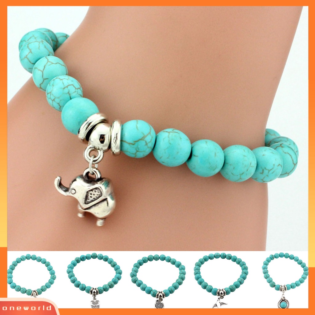 [ONE] Wanita Gelang Faux Turquoises Owl Perhiasan Manik-Manik Tahan Lama Bangle Perhiasan Hadiah